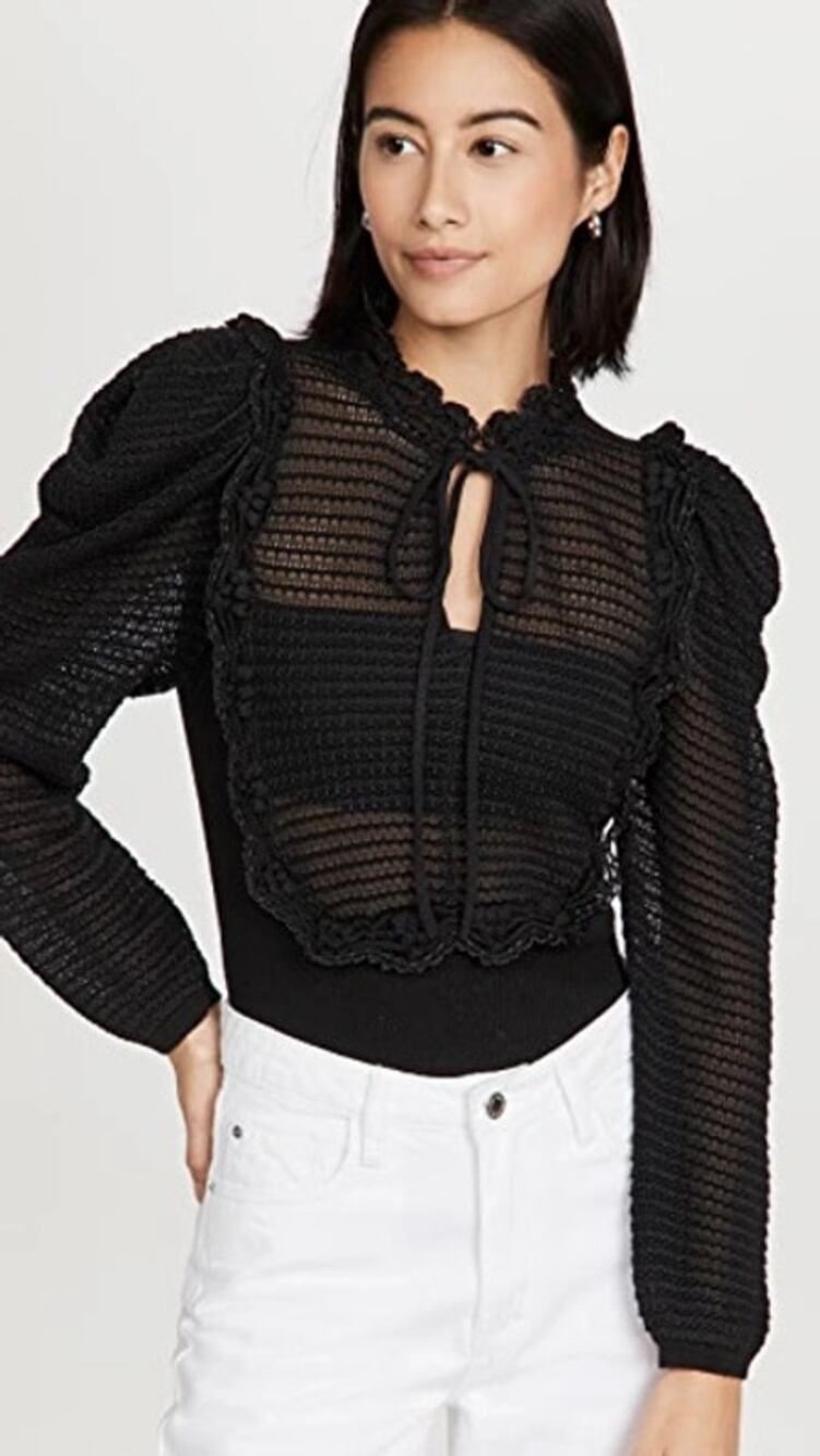 Rebecca Taylor Crochet Stitch Black Wool Blend Puff Sleeve Sweater Size Small